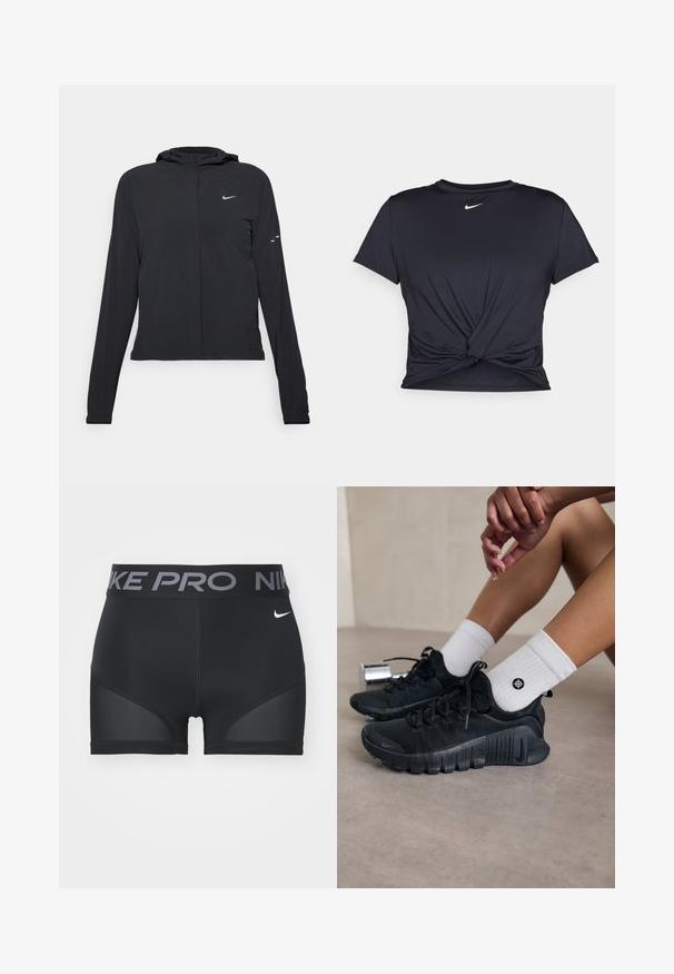 Veste à capuche noire avec des manches longues, fabriquée en matériau léger. Elle comporte une fermeture éclair à l'avant, un logo Nike et des accents de design subtils.; T-shirt de sport noir en tissu lisse, avec un design avant noué et un petit logo Nike blanc sur la poitrine.; Shorts de sport noirs avec une large ceinture comportant "NIKE PRO" en gris. Comprend des panneaux en maille sur les côtés et un petit logo blanc.; Chaussures de sport noires en tissu texturé, avec un design à lacets et une semelle proéminente, accompagnées de chaussettes blanches à côtes arborant un petit logo.