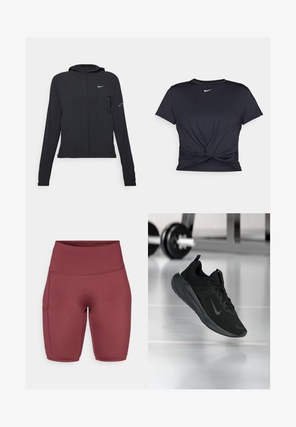 Fekete kapucnis dzseki hosszú ujjakkal, könnyű anyagból készült. Elülső cipzárral, Nike logóval és diszkrét dizájn elemekkel rendelkezik.; Fekete sportpóló sima anyagból, elöl megkötős dizájnnal, a mellkason egy kis fehér Nike logóval.; Burgundi színű, magas derékú sort, sima, rugalmas anyagból. Oldalsó zsebbel és formázott dizájnnal rendelkezik, aktív viselethez ideális.; Fekete sportcipő Nike logóval, amely a levegőben látható az edzőterem padlóján, a háttérben elmosódott kézi súlyzó állvánnyal.