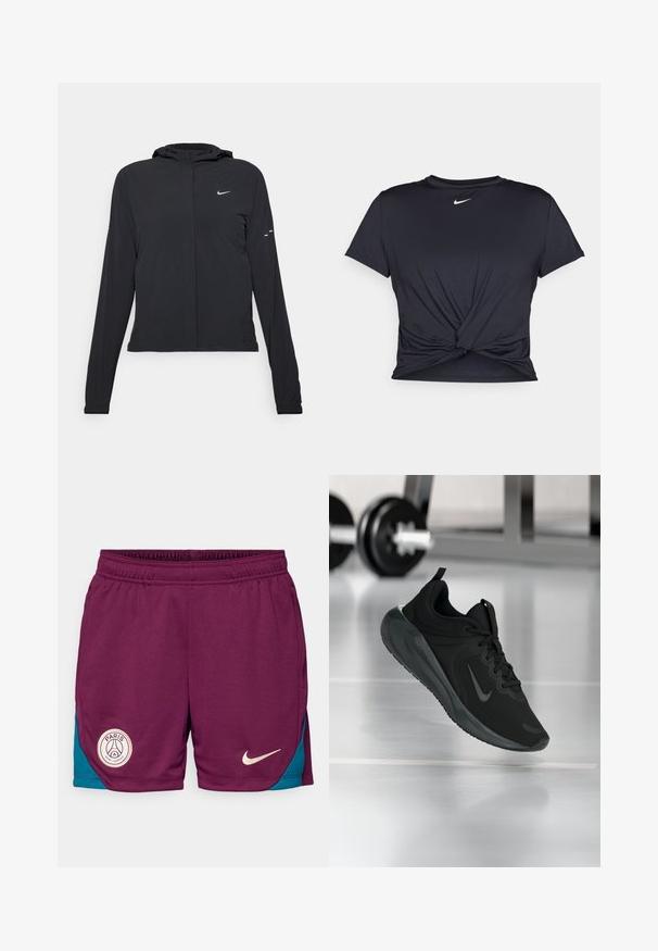 Black hooded jacket with long sleeves, made from lightweight material. Features a front zipper, a Nike logo, and subtle design accents.; Black athletic t-shirt made of smooth fabric, featuring a knotted front design and a small white Nike logo on the chest.; Nike Performance PARIS ST GERMAIN STRIKE SHORT - Sports shorts - bordeaux/geode teal/guava ice; Black sports sneaker with Nike logo, shown mid-air on gym floor, with blurred dumbbell rack in background.