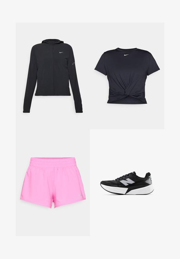 Must musta kapuutsiga jakk, millel on pikad varrukad ja mis on valmistatud kergetest materjalidest. Omab esitaskut, Nike logo ja kergelt silmatorkavaid disainiaktsente.; Mustmust musta sportlik T-särk, mis on valmistatud sujuvast kangast, millel on sõlmega esikülg ja väike valge Nike logo rinnal.; Sädelevad roosad spordilühikesed püksid elastse vöökohaga ja väikese halli Nike logo alumisel vasakul ääres, valge tausta ees.; Mustvalge New Balance jooksujalats, millel on paks tallar ja võrkkangast ülemine osa, ning külgvaates on näha ka „N” logo.