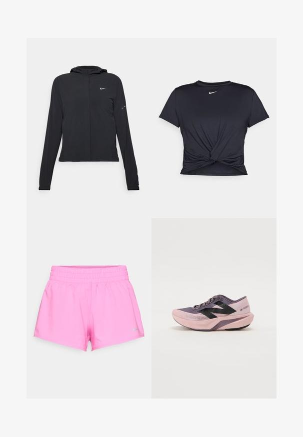 Chaqueta negra con capucha y mangas largas, hecha de un material ligero. Presenta un cierre frontal, un logo de Nike y acentos de diseño sutiles.; Camiseta atlética negra hecha de tela suave, con un diseño de nudo en la parte delantera y un pequeño logo blanco de Nike en el pecho.; Pantalones cortos deportivos de color rosa brillante con cintura elástica y pequeño logo de Nike en gris en el dobladillo inferior izquierdo sobre fondo blanco.; Zapatilla de running ligera con un diseño de degradado en rosa y morado. Cuenta con una parte superior de malla transpirable, acentos en negro y suela acolchada.