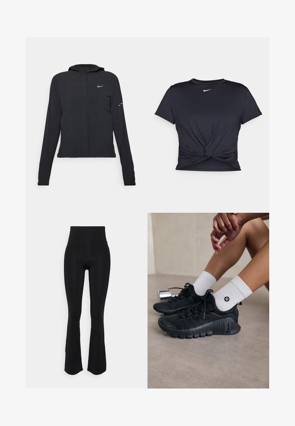 Black hooded jacket with long sleeves, made from lightweight material. Features a front zipper, a Nike logo, and subtle design accents.; Black athletic t-shirt made of smooth fabric, featuring a knotted front design and a small white Nike logo on the chest.; Black high-waisted flared leggings made of elastic fabric, featuring a smooth texture and slim fit through the thighs with a slight flare at the hem.; Black athletic shoes with textured fabric, laced design, and a prominent sole, paired with white ribbed socks featuring a small logo.