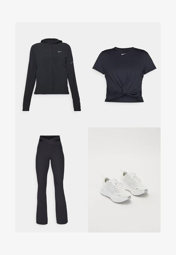 Mustassa hupparissa on pitkät hihat, ja se on valmistettu kevyestä materiaalista. Siinä on edessä vetoketju, Nike-logo ja hillityt muotoiluyksityiskohdat.; Musta urheilu T-paita, joka on valmistettu sileästä kankaasta, jossa on solmittu etuosa ja pieni valkoinen Nike-logo rinnassa.; Mustat, ribattuja leveälahkeisia housuja, joissa on ristiin menevä vyötärönauha. Valmistettu joustavasta materiaalista mukavuutta ja liikkuvuutta varten.; Valkoiset urheilukengät, joissa on teksturoitu verkkoma upper, pehmustettu pohja ja hillityt harmaat yksityiskohdat. Mukana brändäys ja silmukkamuotoinen kantapäänvetotappi helppoa pukeutumista varten.