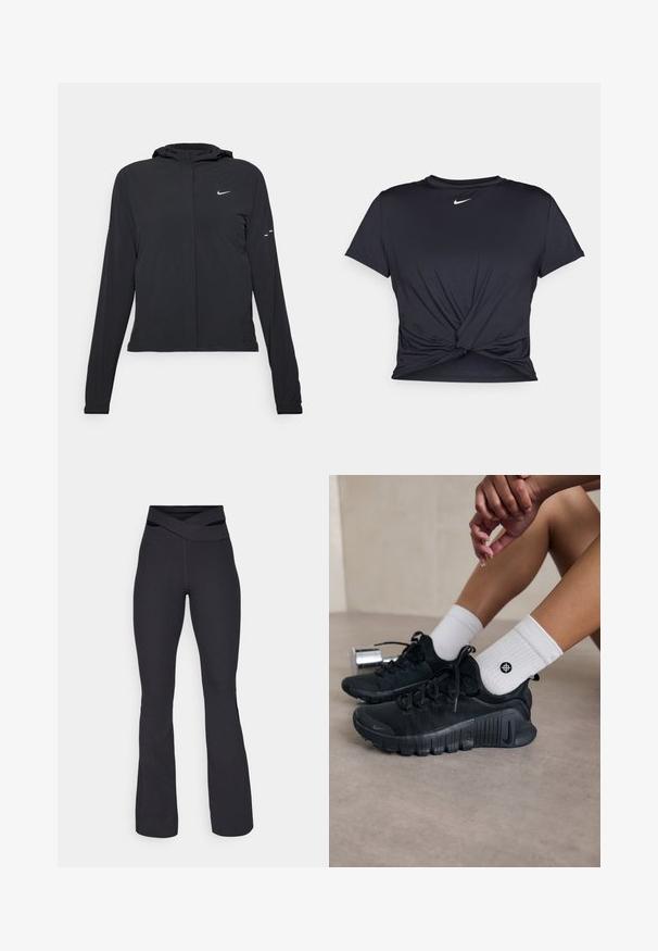 Svart hettegenser med lange ermer, laget av lett materiale. Har glidelås foran, Nike-logo og subtile design detaljer.; Svart trenings T-skjorte laget av glatt stoff, med en knyttet frontdesign og en liten hvit Nike-logo på brystet.; Sorte, ribbede, vide bukser med en kryssende livdesign. Laget av elastisk materiale for komfort og bevegelse.; Svarte idrettssko med teksturert stoff, snøring og en fremtredende såle, sammen med hvite ribbestrikkede sokker med en liten logo.