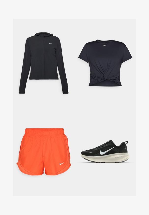 Fekete kapucnis dzseki hosszú ujjakkal, könnyű anyagból készült. Elülső cipzárral, Nike logóval és diszkrét dizájn elemekkel rendelkezik.; Fekete sportpóló sima anyagból, elöl megkötős dizájnnal, a mellkason egy kis fehér Nike logóval.; Narancssárga sportnadrág elasztikus derékkal, oldalsó hasítékokkal és a fehér Nike logóval az elején. Simább, könnyű anyagból készült.; Fekete Nike futócipő légáteresztő hálós felsőrésszel, fehér Swoosh logóval, textúrázott részletekkel és krém színű ZoomX középtalppal.