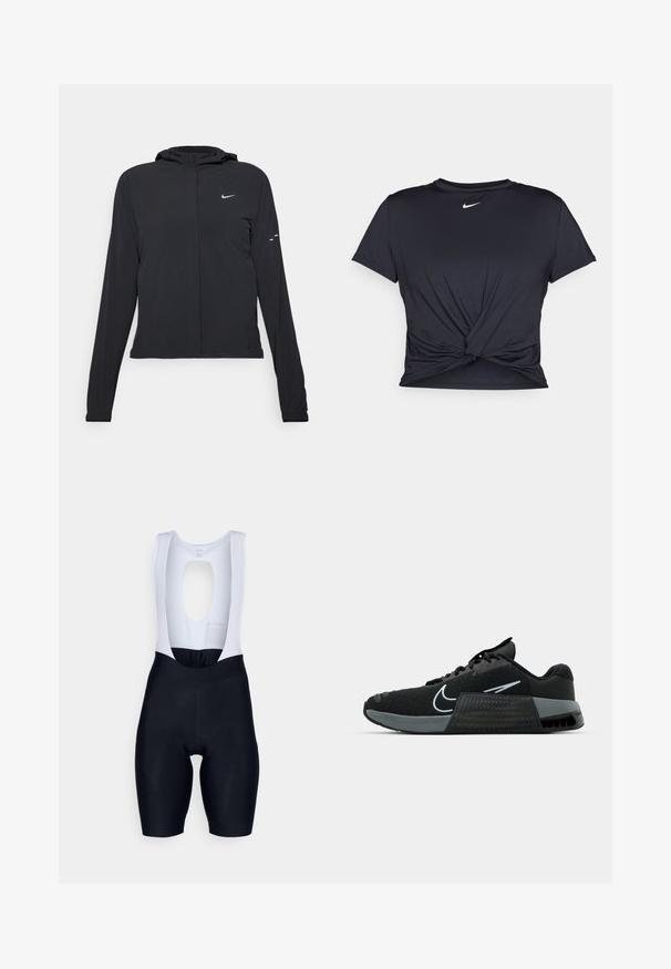 Fekete kapucnis dzseki hosszú ujjakkal, könnyű anyagból készült. Elülső cipzárral, Nike logóval és diszkrét dizájn elemekkel rendelkezik.; Fekete sportpóló sima anyagból, elöl megkötős dizájnnal, a mellkason egy kis fehér Nike logóval.; Rapha WOMENS CORE - Vállpántos rövidnadrág - black/white; Fekete sportcipő hálós felsőrésszel, szürke részletekkel és textúrázott középtalppal. Kiugró logóval és fűzős kialakítással rendelkezik. Gumitalpa a tapadás érdekében.