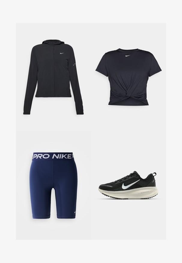 Must musta kapuutsiga jakk, millel on pikad varrukad ja mis on valmistatud kergetest materjalidest. Omab esitaskut, Nike logo ja kergelt silmatorkavaid disainiaktsente.; Mustmust musta sportlik T-särk, mis on valmistatud sujuvast kangast, millel on sõlmega esikülg ja väike valge Nike logo rinnal.; Tumed sinise värvi Nike Pro kompressioonipüksid elastse vöökohtaga, millel on valge Nike Pro bränding ja väike valge Nike swoosh säärel.; Musthave mustus Nike jooksujalats, millel on hingav võrgust ülemine osa, valge swoosh logo, tekstuuriga detailid ja kreemja värvusega ZoomX vahevöö.
