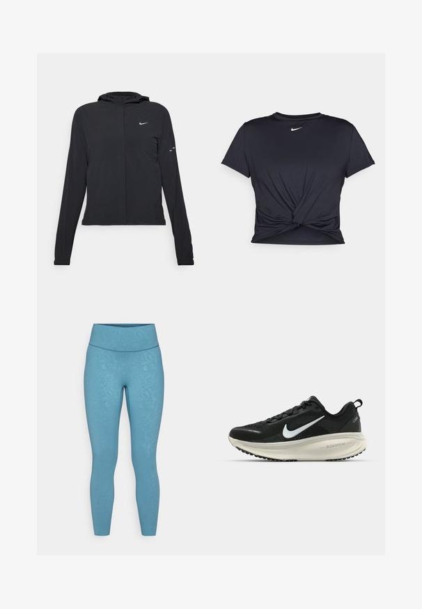 Melnā kapuci jaka ar garām piedurknēm, izgatavota no viegla materiāla. Tam ir priekšējais rāvējslēdzis, Nike logo un smalki dizaina akcenti.; Melna sporta t-kreklu ar gludu audumu, ar mezglošanas priekšpusi un mazu baltu Nike logotipu uz krūšu daļas.; Augstas jostas bikses gaiši zilos toņos ar smalku ziedu rakstu. Izgatavotas no gludas, elastīgas auduma. Pieguļošs dizains.; Melnas Nike skriešanas kurpes ar elpojošu acs augšdaļu, baltu Swoosh logotipu, strukturētu apdari un krēmkrāsas ZoomX starpsole.