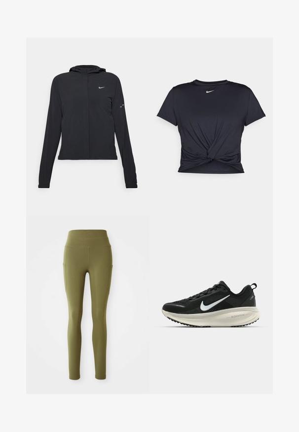 Czarna kurtka z kapturem, z długimi rękawami, wykonana z lekkiego materiału. Posiada zamek błyskawiczny z przodu, logo Nike oraz subtelne akcenty wzornicze.; Czarna sportowa koszulka z gładkiego materiału, z wiązanym przodem i małym białym logo Nike na piersi.; Zielono-oliwkowe legginsy z wysokim stanem, z bocznymi kieszeniami i detalami szwów, ułożone na płasko na białym tle.; Czarna biegowa półbut z oddychającej siateczki, białym logo swoosh, teksturowanymi detalami oraz kremową podeszwą środkową ZoomX.