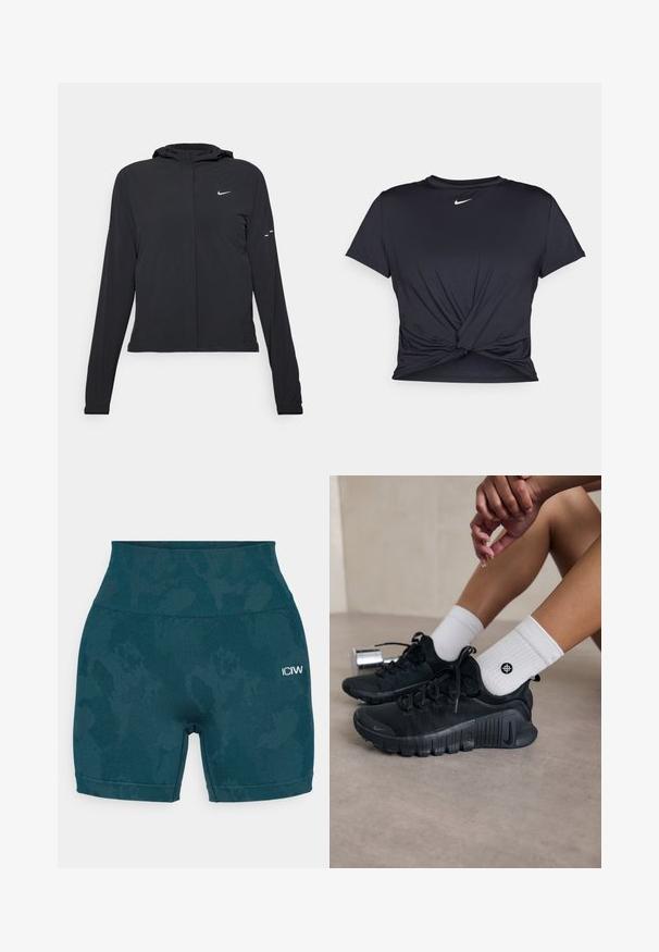 Fekete kapucnis dzseki hosszú ujjakkal, könnyű anyagból készült. Elülső cipzárral, Nike logóval és diszkrét dizájn elemekkel rendelkezik.; Fekete sportpóló sima anyagból, elöl megkötős dizájnnal, a mellkason egy kis fehér Nike logóval.; Magas derekú, teal színű biciklis sort, rugalmas anyagból készült, diszkrét mintával és egy kis fehér logóval a bal oldalon.; Fekete sportcipők texturált anyagból, fűzős kialakítással és hangsúlyos talppal, fehér bordás zoknikkal párosítva, melyek kis logóval rendelkeznek.