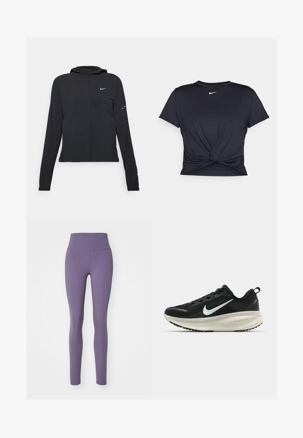 Giacca nera con cappuccio e maniche lunghe, realizzata in materiale leggero. Presenta una zip frontale, il logo Nike e accenti di design sottili.; Maglietta atletica nera realizzata in tessuto liscio, con un design anteriore annodato e un piccolo logo Nike bianco sul petto.; Nike Performance ONE - Leggings - daybreak/black; Scarpa da corsa nera Nike con tomaia in rete traspirante, logo Swoosh bianco, dettagli testurizzati e intersuola ZoomX di colore crema.