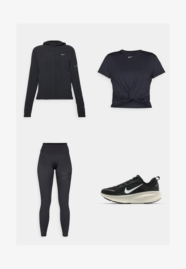 Zwarte kaptrui met lange mouwen, gemaakt van lichtgewicht materiaal. Voorzien van een ritssluiting aan de voorkant, een Nike-logo en subtiele ontwerpelementen.; Zwarte sportieve T-shirt van gladde stof, met een geknoopt ontwerp aan de voorkant en een klein wit Nike-logo op de borst.; Zwarte leggings met een hoge tailleband, met een gladde textuur en subtiele strepen op de dij voor extra detail.; Zwarte Nike hardloopschoen met ademend mesh bovenwerk, witte swoosh-logo, gestructureerde details en een crèmekleurige ZoomX middenzool.