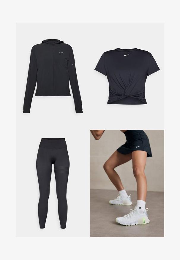 Zwarte kaptrui met lange mouwen, gemaakt van lichtgewicht materiaal. Voorzien van een ritssluiting aan de voorkant, een Nike-logo en subtiele ontwerpelementen.; Zwarte sportieve T-shirt van gladde stof, met een geknoopt ontwerp aan de voorkant en een klein wit Nike-logo op de borst.; Zwarte leggings met een hoge tailleband, met een gladde textuur en subtiele strepen op de dij voor extra detail.; Witte sportieve schoenen met een gestructureerd oppervlak, neon-groene accenten en een prominent Nike-logo. Draag met witte enkelkousen.