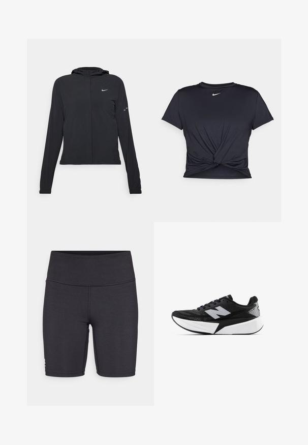 Sort hættetrøje med lange ærmer, lavet af letvægtsmateriale. Har en frontlynlås, et Nike-logo og subtile designaccenter.; Sort atletisk t-shirt lavet af glat stof, med et knyttet frontdesign og et lille hvidt Nike-logo på brystet.; Sorte atletiske shorts lavet af strækbart stof, med en høj talje og flade syninger. Designet til komfort og bevægelighed.; Sort og hvid New Balance løbesko med tyk sål, mesh-overdel og "N"-logo på siden, set fra ydersiden.