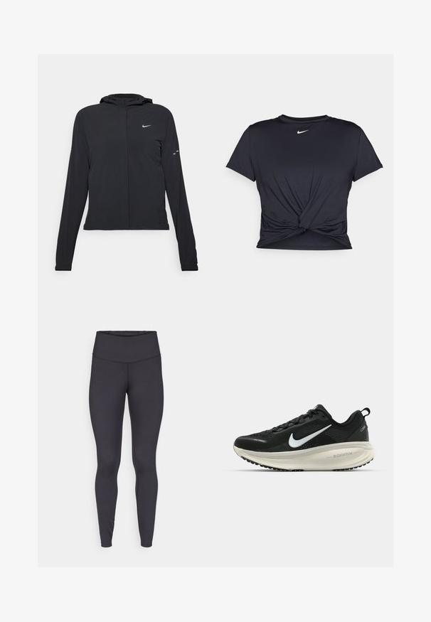 Crna jakna s kapuljačom i dugim rukavima, izrađena od laganog materijala. Ima prednji patentni zatvarač, Nike logo i suptilne dizajnerske detalje.; Crni trenirac s kratkim rukavima izrađen od glatkog materijala, s čvorastim dizajnom sprijeda i malim bijelim Nike logotipom na prsima.; Crne tajice visokog struka izrađene od rastezljivog materijala, sa glatkom teksturom i prilagođenim krojem s minimalnim šavovima.; Crne Nike trkačke tenisice s prozračnom mrežastom gornjom konstrukcijom, bijelim swoosh logotipom, teksturiranim detaljima i kremastom ZoomX srednjom potplatnom jedinicom.