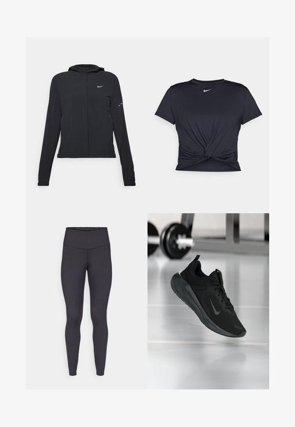 Mustassa hupparissa on pitkät hihat, ja se on valmistettu kevyestä materiaalista. Siinä on edessä vetoketju, Nike-logo ja hillityt muotoiluyksityiskohdat.; Musta urheilu T-paita, joka on valmistettu sileästä kankaasta, jossa on solmittu etuosa ja pieni valkoinen Nike-logo rinnassa.; Korkeavyötäröiset mustat legginsit joustavasta kankaasta, jossa on sileä rakenne ja virtaviivainen istuvuus, jossa on vain vähän saumoja.; Musta urheilusneekeri, jossa on Nike-logo, esitetty ilmassa kuntosalilattialla, taustalla sumea käsipainohylly.