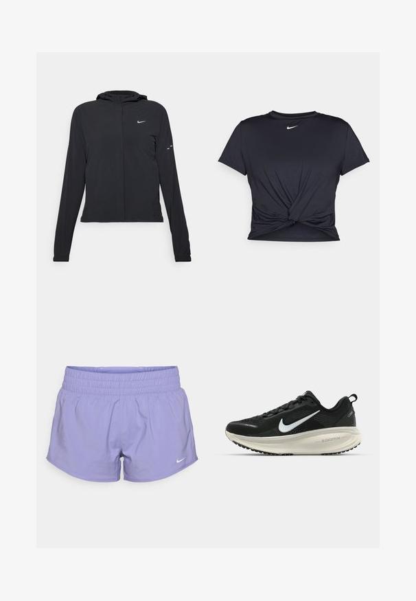 Svart hettegenser med lange ermer, laget av lett materiale. Har glidelås foran, Nike-logo og subtile design detaljer.; Svart trenings T-skjorte laget av glatt stoff, med en knyttet frontdesign og en liten hvit Nike-logo på brystet.; Lilla treningsshorts med elastisk midje, laget av lett stoff, med en liten hvit Nike-logo foran.; Svart Nike løpesko med pustende mesh-overdel, hvit swoosh-logo, teksturert detaljer og en kremfarget ZoomX mellomsåle.