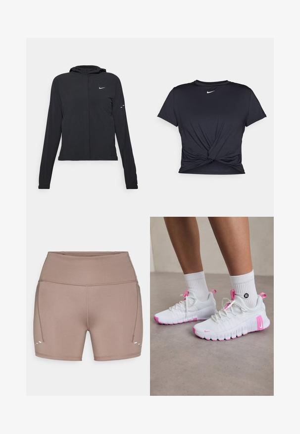 Jachetă neagră cu glugă, cu mâneci lungi, fabricată din material ușor. Dispune de un fermoar frontal, un logo Nike și accente de design subtile.; Tricou sport negru din material neted, cu un design frontal legat și un mic logo Nike alb pe piept.; Shorts atletici maro, elastici, cu un talie înaltă, cusături pe laterale și trei linii albe de accent aproape de tiv.; Pantofi de sport albi cu accente roz, design aerodinamic, partea superioară din plasă texturată și o talpă din cauciuc flexibilă. Include logo și bandă de prindere.