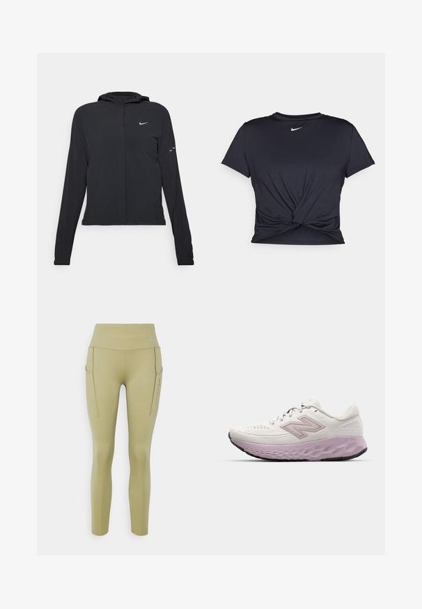 Black hooded jacket with long sleeves, made from lightweight material. Features a front zipper, a Nike logo, and subtle design accents.; Black athletic t-shirt made of smooth fabric, featuring a knotted front design and a small white Nike logo on the chest.; High-waisted, olive green athletic leggings made of stretchy fabric. Features two side pockets and a small brand logo on the waistband.; Lightweight running shoe in white mesh with a pink midsole. Features a textured sole and side logo, designed for comfort and support.