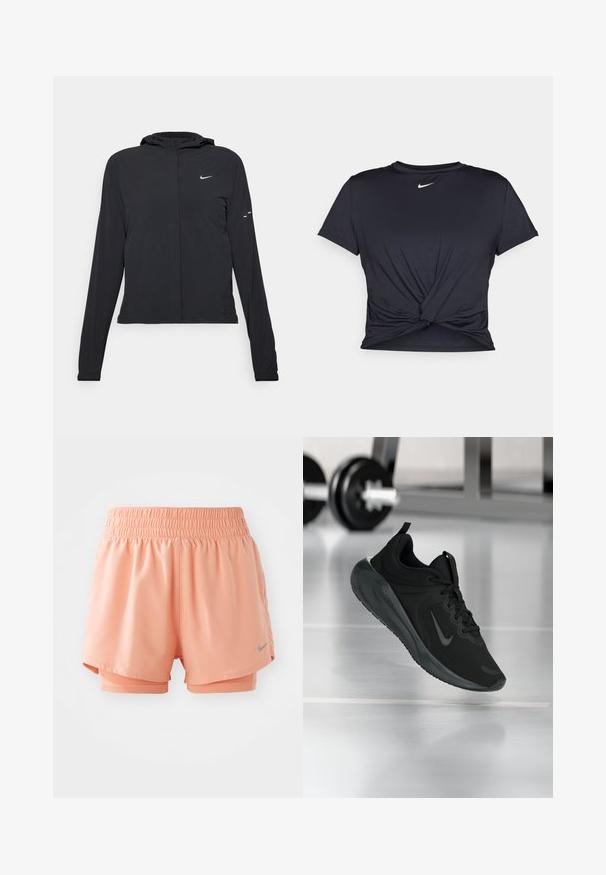 Veste à capuche noire avec des manches longues, fabriquée en matériau léger. Elle comporte une fermeture éclair à l'avant, un logo Nike et des accents de design subtils.; T-shirt de sport noir en tissu lisse, avec un design avant noué et un petit logo Nike blanc sur la poitrine.; Shorts de sport couleur pêche avec une taille élastique, un design superposé et un accent logo gris. Fabriqués en matériau lisse et léger.; Baskets de sport noires avec le logo Nike, montrées en l'air au-dessus d'un sol de gym, avec un rack de haltères flou en arrière-plan.