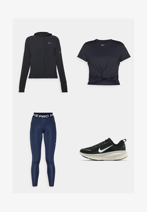 Sort hættetrøje med lange ærmer, lavet af letvægtsmateriale. Har en frontlynlås, et Nike-logo og subtile designaccenter.; Sort atletisk t-shirt lavet af glat stof, med et knyttet frontdesign og et lille hvidt Nike-logo på brystet.; Mørkeblå tætsiddende leggings med en høj elastisk talje, prydet med "NIKE PRO" i hvid tekst og et lille hvidt Nike swoosh-logo.; Sort Nike løbesko med åndbart mesh-overdel, hvidt swoosh-logo, tekstureret detaljering og en cremede ZoomX mellemsål.
