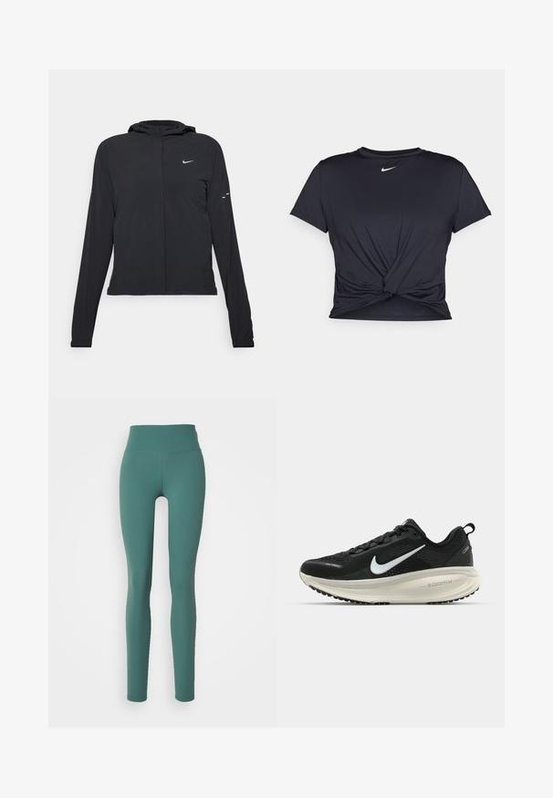 Černá kapucňová bunda s dlouhými rukávy, vyrobená z lehkého materiálu. Obsahuje přední zip, logo Nike a decentní designové akcenty.; Černé sportovní tričko vyrobené z hladkého materiálu, s uzlovým designem vpředu a malým bílým logem Nike na hrudi.; Zelené legíny s vysokým pasem vyrobené z elastické tkaniny, s hladkým povrchem a přiléhavým střihem, který sahá až k kotníkům.; Černá běžecká obuv Nike s prodyšným síťovaným svrškem, bílým logem swoosh, texturovanými detaily a krémovou mezipodešví ZoomX.