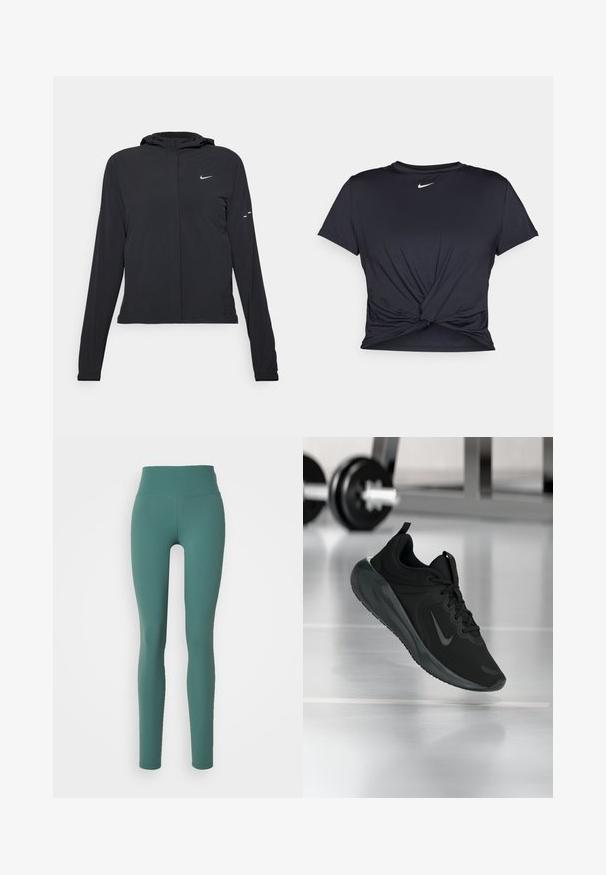 Casaco preto com capuz e mangas longas, feito de material leve. Apresenta um fecho dourado na frente, um logótipo da Nike e detalhes de design subtis.; T-shirt atlético preto feito de tecido liso, apresentando um design frontal com nó e um pequeno logótipo branco da Nike no peito.; Leggings verdes de cintura alta feitos de tecido elástico, com uma textura suave e um design ajustado que se estende até os tornozelos.; Sapatilha desportiva preta com o logotipo da Nike, mostrada em pleno ar sobre o chão do ginásio, com um suporte de halteres desfocado ao fundo.