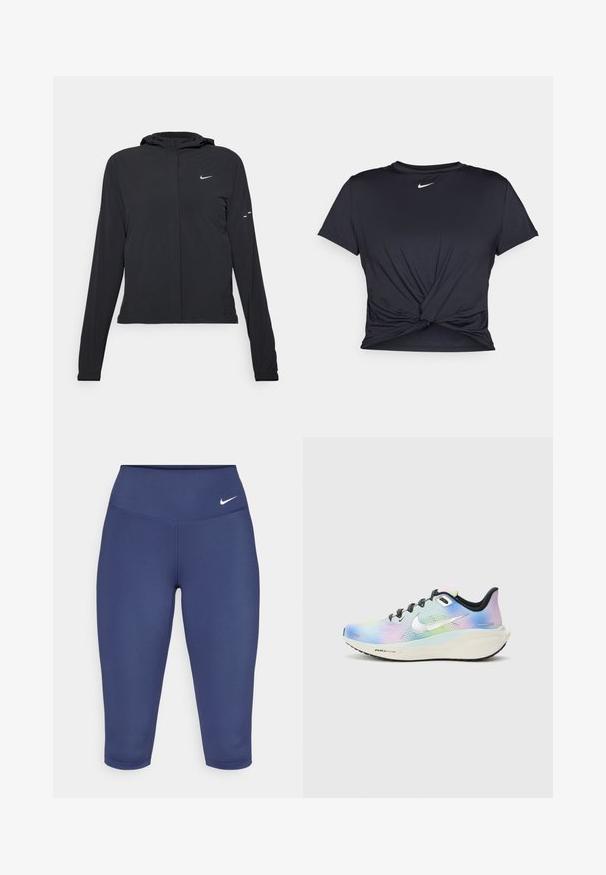 Črna kapuča s dolgimi rokavi, izdelana iz lahkega materiala. Ima sprednji zadrgo, logotip Nike in subtilne oblikovne detajle.; Črna atletska majica iz gladkega materiala, z vozlanim sprednjim delom in majhnim belim logotipom Nike na prsih.; Mornarsko modre capri leggins hlače iz raztegljive tkanine, z širokim pasom in malim belim logotipom na levi strani. Brez vidnih šivov.; Nike tekaški čevlji z gradacijskim zaključkom v svetlomodrih, roza in zelenih odtenkih. Črne vezalke in podplat; srebrni logotip kot akcent.