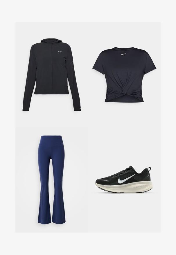 Mustassa hupparissa on pitkät hihat, ja se on valmistettu kevyestä materiaalista. Siinä on edessä vetoketju, Nike-logo ja hillityt muotoiluyksityiskohdat.; Musta urheilu T-paita, joka on valmistettu sileästä kankaasta, jossa on solmittu etuosa ja pieni valkoinen Nike-logo rinnassa.; Tummansininen leveälahkeinen leggingit, joissa on korkea vyötärö, valmistettu joustavasta kankaasta. Leggingeissä on sileä pinta ja hillitty logoakseli vyötäröllä.; Mustat Nike-juoksukengät, joissa on hengittävä verkko-osa, valkoinen swoosh-logo, teksturoitu yksityiskohtaus ja kermaisen värinen ZoomX-välipohja.
