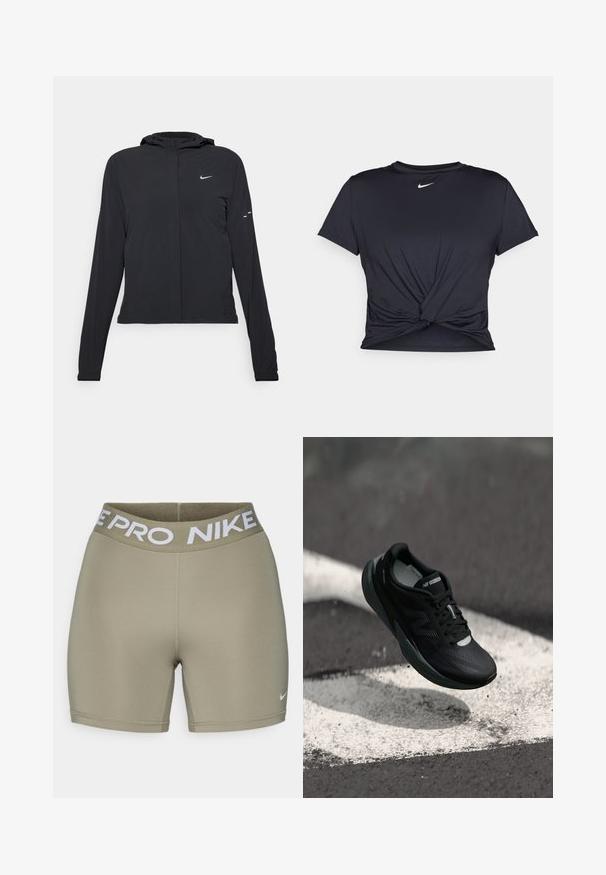 Black hooded jacket with long sleeves, made from lightweight material. Features a front zipper, a Nike logo, and subtle design accents.; Black athletic t-shirt made of smooth fabric, featuring a knotted front design and a small white Nike logo on the chest.; Olive green athletic shorts with a thick white elastic waistband featuring "NIKE PRO." Smooth, stretchy fabric with seam detailing.; Black running shoe with a textured upper, sleek design, and reflective accents. Features a soft, cushioned sole for comfort.