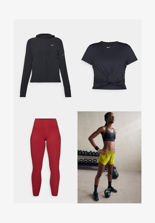 Veste à capuche noire avec des manches longues, fabriquée en matériau léger. Elle comporte une fermeture éclair à l'avant, un logo Nike et des accents de design subtils.; T-shirt de sport noir en tissu lisse, avec un design avant noué et un petit logo Nike blanc sur la poitrine.; Leggings rouges avec une taille haute, fabriquées dans un matériau lisse. Comprend des coutures latérales et une coupe ajustée. Aucun motif ou accent notable.; Soutien-gorge de sport noir, shorts jaunes éclatants avec une ceinture élastique, chaussures de sport noires et bandeaux, se tenant à côté de kettlebells.