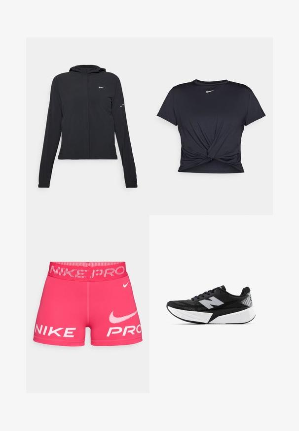 Čierna kapucňová bunda s dlhou rukávou, vyrobená z ľahkého materiálu. Má predný zips, logo Nike a jemné dizajnové akcenty.; Čierne atletické tričko vyrobené z hladkej tkaniny, so zaväzovaným predným dizajnom a malým bielym logom Nike na hrudi.; Ružové športové šortky s širokým pásom s logom. Na prednej strane sú výrazné biele nápisy "NIKE" a "PRO" a materiál je hladký a elastický.; Čierno-biele bežecké topánky New Balance s hrubou podrážkou, sieťovinovým zvrškom a logom "N" na boku, zobrazené z vonkajšej strany.