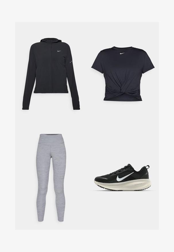 Crna jakna s kapuljačom i dugim rukavima, izrađena od laganog materijala. Ima prednji patentni zatvarač, Nike logo i suptilne dizajnerske detalje.; Crni trenirac s kratkim rukavima izrađen od glatkog materijala, s čvorastim dizajnom sprijeda i malim bijelim Nike logotipom na prsima.; Sive tajice za sport s visokim strukom, izrađene od teksturirane tkanine s suptilnim melangiranim uzorkom. Pristajajući silueta.; Crne Nike trkačke tenisice s prozračnom mrežastom gornjom konstrukcijom, bijelim swoosh logotipom, teksturiranim detaljima i kremastom ZoomX srednjom potplatnom jedinicom.