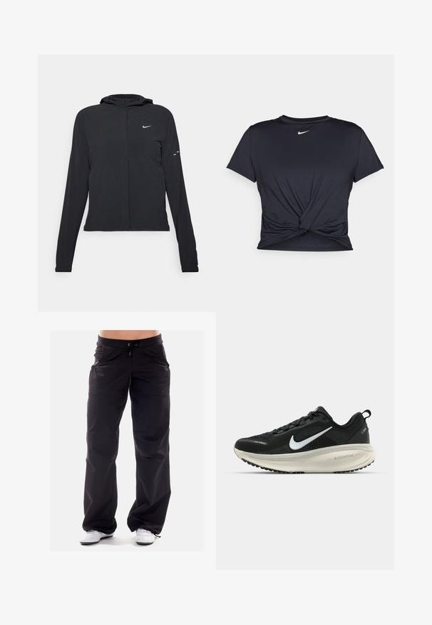 Črna kapuča s dolgimi rokavi, izdelana iz lahkega materiala. Ima sprednji zadrgo, logotip Nike in subtilne oblikovne detajle.; Črna atletska majica iz gladkega materiala, z vozlanim sprednjim delom in majhnim belim logotipom Nike na prsih.; Črne atletske hlače ohlapnega kroja, z elastičnim pasom in vrvico. Imajo stranske žepe in gladko, teksturirano tkanino.; Črne Nike tekaške čevlje z zračno mrežno zgornjim delom, belim logotipom Swoosh, teksturiranimi detajli in smetanasto barvnim srednjim delom ZoomX.