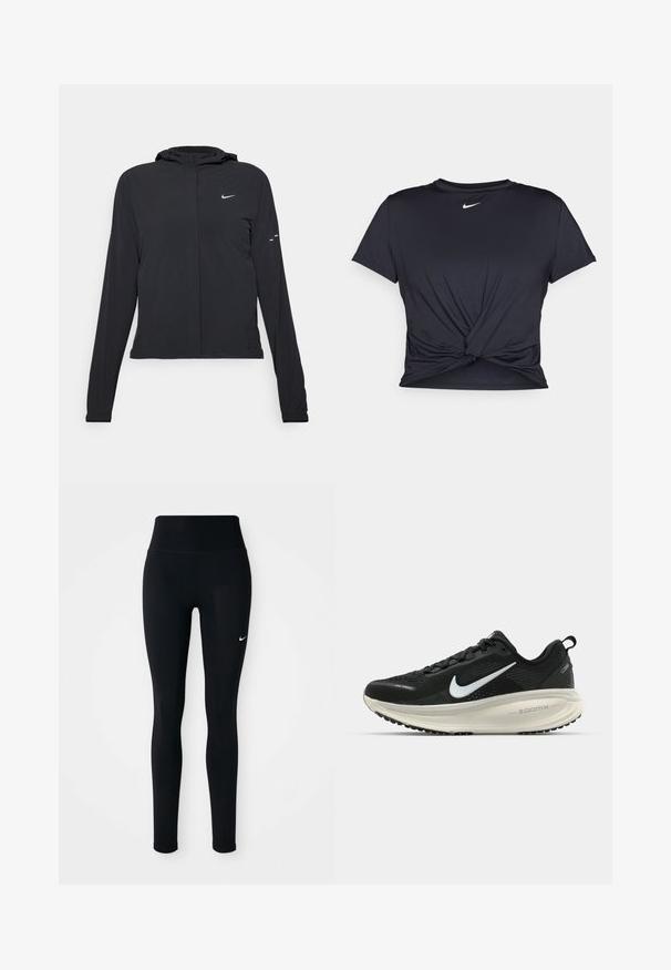 Svart huva jacka med långa ärmar, gjord av lätt material. Har en framdragare, en Nike-logotyp och subtila designelement.; Svart atletisk t-shirt i mjukt tyg, med en knuten framdesign och en liten vit Nike-logga på bröstet.; Svarta tajta leggings i stretchtyg, med en hög midja och en liten vit Nike-logotyp på vänster höft.; Svart Nike löparsko med andningsbart mesh-ovandel, vit swoosh-logotyp, texturerad detaljering och en krämfärgad ZoomX-mellansula.