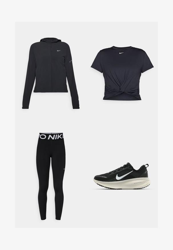 Melnā kapuci jaka ar garām piedurknēm, izgatavota no viegla materiāla. Tam ir priekšējais rāvējslēdzis, Nike logo un smalki dizaina akcenti.; Melna sporta t-kreklu ar gludu audumu, ar mezglošanas priekšpusi un mazu baltu Nike logotipu uz krūšu daļas.; Melnas legingi ar platu elastīgu jostasvīri, uz kuriem ir balts uzraksts "PRO NIKE", izgatavoti no gludas, elastīgas vielas, ar nelielu logotipa detaļu.; Melnas Nike skriešanas kurpes ar elpojošu acs augšdaļu, baltu Swoosh logotipu, strukturētu apdari un krēmkrāsas ZoomX starpsole.