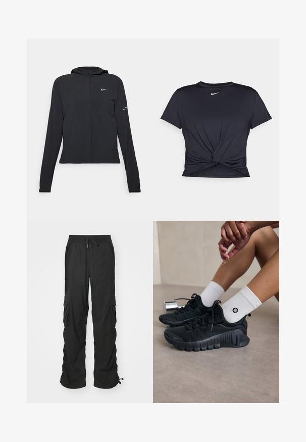 Černá kapucňová bunda s dlouhými rukávy, vyrobená z lehkého materiálu. Obsahuje přední zip, logo Nike a decentní designové akcenty.; Černé sportovní tričko vyrobené z hladkého materiálu, s uzlovým designem vpředu a malým bílým logem Nike na hrudi.; Černé cargo kalhoty se stahovacími šňůrkami v pase, bočními kapsami a elastickými manžetami. Vyrobeny z texturované látky pro odolnost a pohodlí.; Černé sportovní boty s texturovanou látkou, šněrováním a výraznou podrážkou, v kombinaci s bílými žebrovanými ponožkami s malým logem.