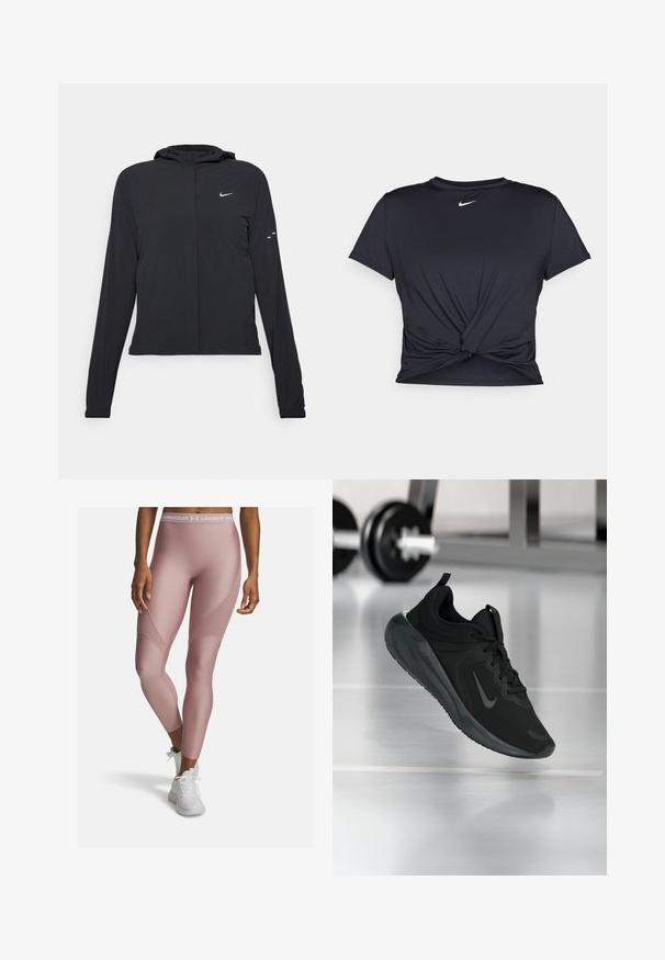 Must musta kapuutsiga jakk, millel on pikad varrukad ja mis on valmistatud kergetest materjalidest. Omab esitaskut, Nike logo ja kergelt silmatorkavaid disainiaktsente.; Mustmust musta sportlik T-särk, mis on valmistatud sujuvast kangast, millel on sõlmega esikülg ja väike valge Nike logo rinnal.; Heledad roosa sportlikud retuusid, mis on valmistatud venivast kangast. Omavad kõrget vöökohta koos valge brändimisega ning tekstuurseid paneele külgedel.; Mustad mustang spordijalatsid Nike logo'ga, õhus spordisaali põrandal, häguste hantlite riiulitega taustal.
