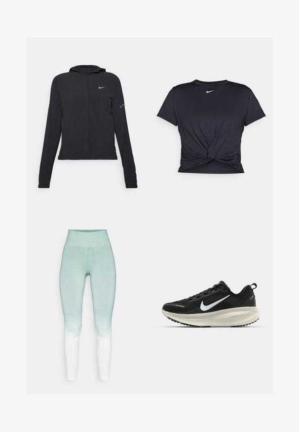 Must musta kapuutsiga jakk, millel on pikad varrukad ja mis on valmistatud kergetest materjalidest. Omab esitaskut, Nike logo ja kergelt silmatorkavaid disainiaktsente.; Mustmust musta sportlik T-särk, mis on valmistatud sujuvast kangast, millel on sõlmega esikülg ja väike valge Nike logo rinnal.; Yogasearcher RAISI - Retuusid - lichen; Musthave mustus Nike jooksujalats, millel on hingav võrgust ülemine osa, valge swoosh logo, tekstuuriga detailid ja kreemja värvusega ZoomX vahevöö.