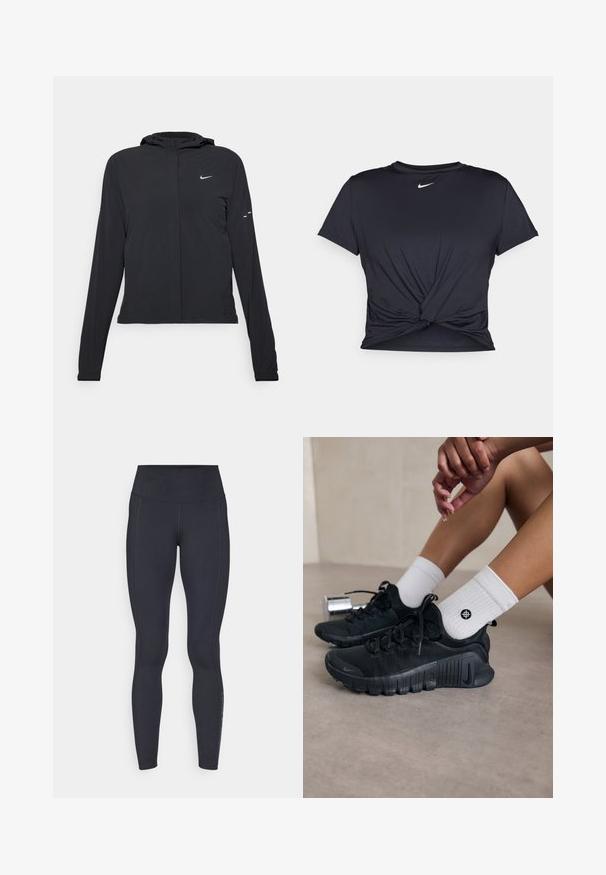 Fekete kapucnis dzseki hosszú ujjakkal, könnyű anyagból készült. Elülső cipzárral, Nike logóval és diszkrét dizájn elemekkel rendelkezik.; Fekete sportpóló sima anyagból, elöl megkötős dizájnnal, a mellkason egy kis fehér Nike logóval.; Fekete, magas derekú leggings, rugalmas, sima anyagból készült. Oldalsó varratokkal és finom logóval rendelkezik az alsó lábszáron.; Fekete sportcipők texturált anyagból, fűzős kialakítással és hangsúlyos talppal, fehér bordás zoknikkal párosítva, melyek kis logóval rendelkeznek.