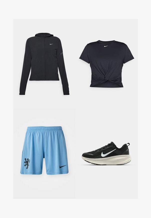Crna jakna s kapuljačom i dugim rukavima, izrađena od laganog materijala. Ima prednji patentni zatvarač, Nike logo i suptilne dizajnerske detalje.; Crni trenirac s kratkim rukavima izrađen od glatkog materijala, s čvorastim dizajnom sprijeda i malim bijelim Nike logotipom na prsima.; Svijetloplave sportske kratke hlače od prozračnog materijala, s crnim grbom lava na lijevoj nozi i crnim Nike logom na desnoj.; Crne Nike trkačke tenisice s prozračnom mrežastom gornjom konstrukcijom, bijelim swoosh logotipom, teksturiranim detaljima i kremastom ZoomX srednjom potplatnom jedinicom.