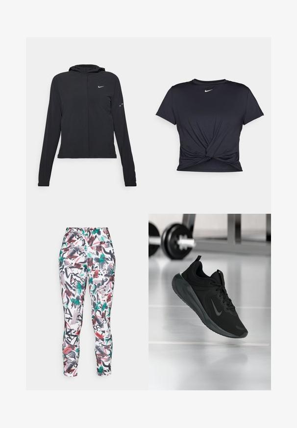Veste à capuche noire avec des manches longues, fabriquée en matériau léger. Elle comporte une fermeture éclair à l'avant, un logo Nike et des accents de design subtils.; T-shirt de sport noir en tissu lisse, avec un design avant noué et un petit logo Nike blanc sur la poitrine.; Leggings ajustés avec un motif abstrait coloré en rouge, vert et noir sur une base blanche. Fabriqués à partir d'un matériau extensible.; Baskets de sport noires avec le logo Nike, montrées en l'air au-dessus d'un sol de gym, avec un rack de haltères flou en arrière-plan.