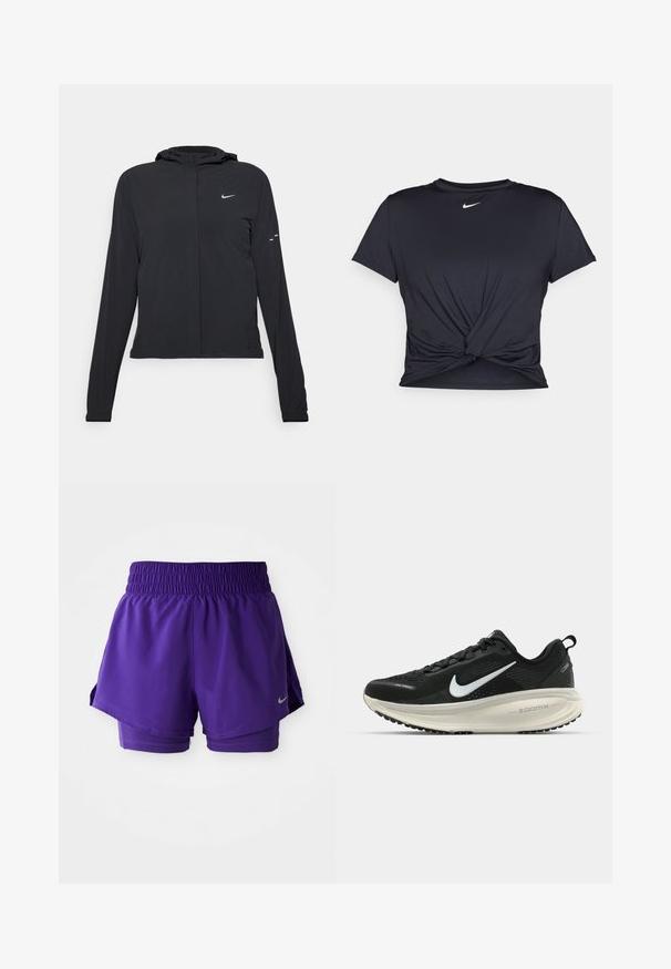 Giacca nera con cappuccio e maniche lunghe, realizzata in materiale leggero. Presenta una zip frontale, il logo Nike e accenti di design sottili.; Maglietta atletica nera realizzata in tessuto liscio, con un design anteriore annodato e un piccolo logo Nike bianco sul petto.; Shorts da corsa doppio strato viola con cintura elastica e piccolo marchio Nike in argento sul bordo inferiore sinistro.; Scarpa da corsa nera Nike con tomaia in rete traspirante, logo Swoosh bianco, dettagli testurizzati e intersuola ZoomX di colore crema.