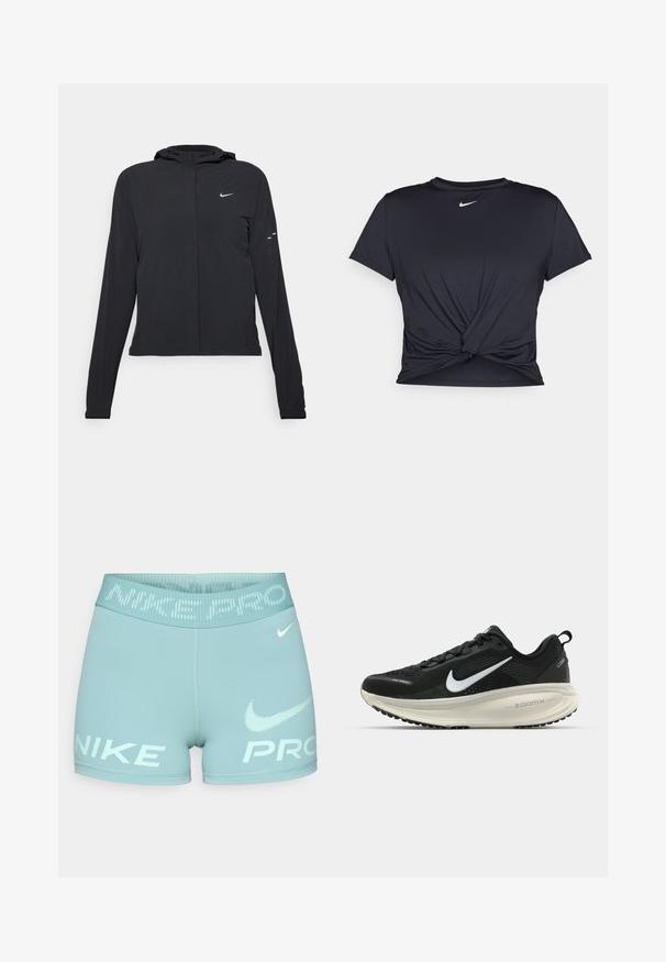 Schwarze Kapuzenjacke mit langen Ärmeln, aus leichtem Material gefertigt. Sie hat einen vorderen Reißverschluss, ein Nike-Logo und dezente Designelemente.; Schwarzes Sport-T-Shirt aus glattem Stoff, mit einem geknoteten Vorderdesign und einem kleinen weißen Nike-Logo auf der Brust.; Helle blaue Damen-Shorts aus elastischem Material, mit einem breiten Bund, auf dem der Text "NIKE PRO" und das Logo in Weiß aufgedruckt sind.; Schwarzer Nike-Laufschuh mit atmungsaktivem Mesh-Obermaterial, weißem Swoosh-Logo, strukturierten Details und einer cremefarbenen ZoomX-Zwischensohle.