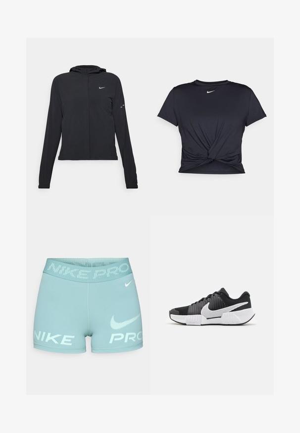 Giacca nera con cappuccio e maniche lunghe, realizzata in materiale leggero. Presenta una zip frontale, il logo Nike e accenti di design sottili.; Maglietta atletica nera realizzata in tessuto liscio, con un design anteriore annodato e un piccolo logo Nike bianco sul petto.; Corti da donna azzurro chiaro realizzati in tessuto elasticizzato, con una vita larga che presenta il testo e il logo "NIKE PRO" in bianco.; Scarpe sportive in bianco e nero con una parte superiore testurizzata, un prominente swoosh Nike e un design della suola a contrasto per una migliore aderenza e stabilità.