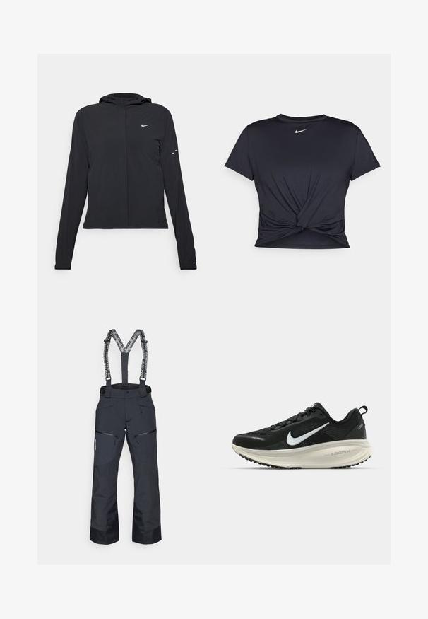 Zwarte kaptrui met lange mouwen, gemaakt van lichtgewicht materiaal. Voorzien van een ritssluiting aan de voorkant, een Nike-logo en subtiele ontwerpelementen.; Zwarte sportieve T-shirt van gladde stof, met een geknoopt ontwerp aan de voorkant en een klein wit Nike-logo op de borst.; Zwarte skibroek met verstelbare bretels, ritszakken en textuurpanelen. Voorzien van versterkte boorden voor duurzaamheid.; Zwarte Nike hardloopschoen met ademend mesh bovenwerk, witte swoosh-logo, gestructureerde details en een crèmekleurige ZoomX middenzool.