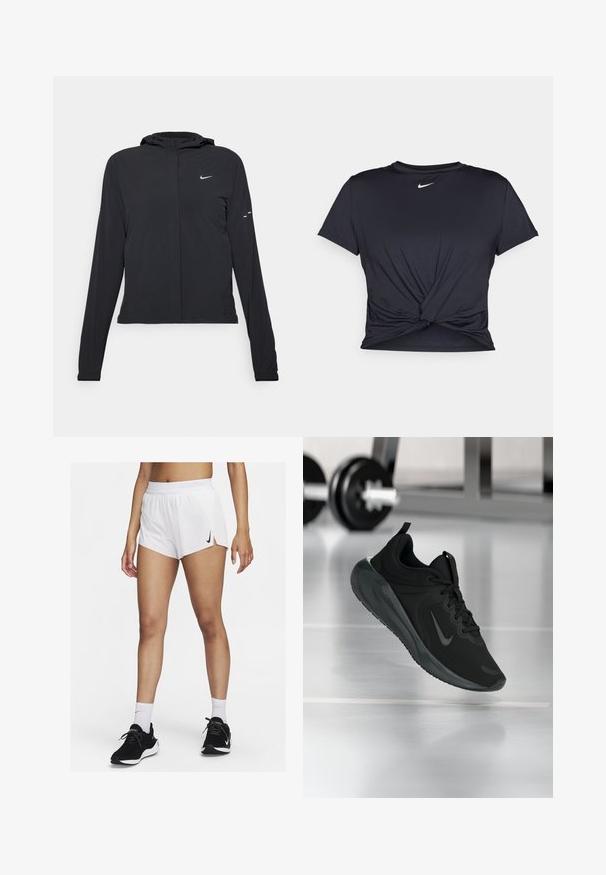 Fekete kapucnis dzseki hosszú ujjakkal, könnyű anyagból készült. Elülső cipzárral, Nike logóval és diszkrét dizájn elemekkel rendelkezik.; Fekete sportpóló sima anyagból, elöl megkötős dizájnnal, a mellkason egy kis fehér Nike logóval.; Fehér sportos rövidnadrág bordázott derékpánttal, oldalsó hasítékokkal és fekete Nike logóval. Fekete sportcipővel és fehér bokazoknival viselve.; Fekete sportcipő Nike logóval, amely a levegőben látható az edzőterem padlóján, a háttérben elmosódott kézi súlyzó állvánnyal.