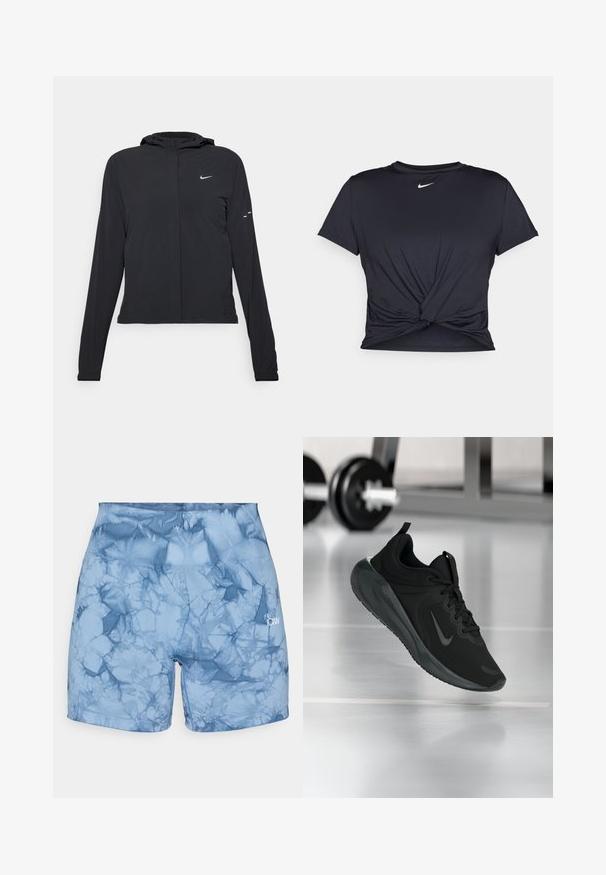 Black hooded jacket with long sleeves, made from lightweight material. Features a front zipper, a Nike logo, and subtle design accents.; Black athletic t-shirt made of smooth fabric, featuring a knotted front design and a small white Nike logo on the chest.; Blue athletic shorts with a tie-dye pattern, featuring a ribbed waistband and a logo accent on the side. Made from stretchy material.; Black sports sneaker with Nike logo, shown mid-air on gym floor, with blurred dumbbell rack in background.