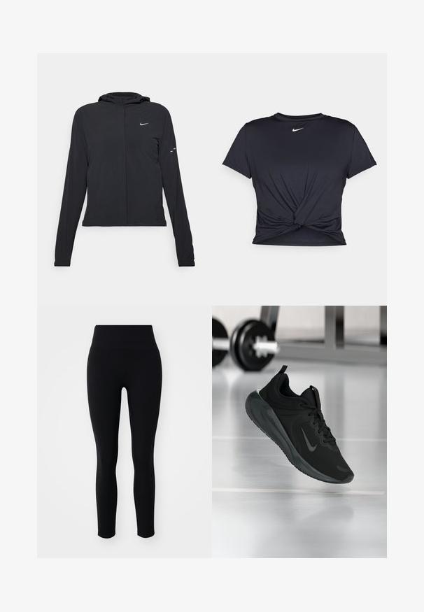 Giacca nera con cappuccio e maniche lunghe, realizzata in materiale leggero. Presenta una zip frontale, il logo Nike e accenti di design sottili.; Maglietta atletica nera realizzata in tessuto liscio, con un design anteriore annodato e un piccolo logo Nike bianco sul petto.; Leggings neri realizzati in tessuto elasticizzato, con una vita alta e una texture liscia, progettati per comfort e flessibilità.; Sneaker sportivo nero con logo Nike, mostrato in volo su un pavimento da palestra, con un supporto per pesi sfocato sullo sfondo.