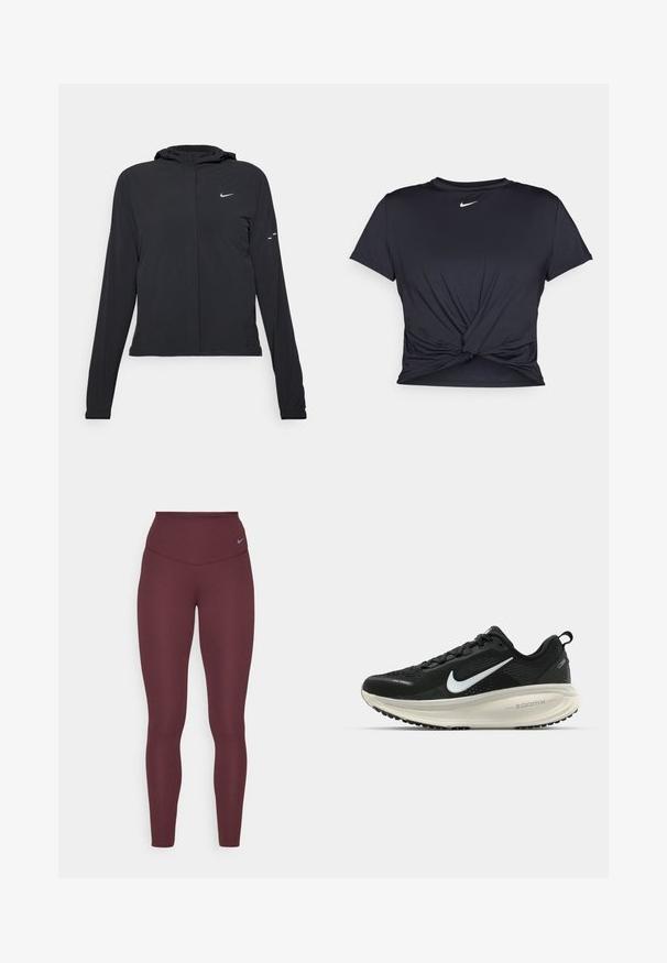 Svart huva jacka med långa ärmar, gjord av lätt material. Har en framdragare, en Nike-logotyp och subtila designelement.; Svart atletisk t-shirt i mjukt tyg, med en knuten framdesign och en liten vit Nike-logga på bröstet.; Burgundy hög midja leggings med ett mjukt, stretchigt material och en liten svart logotyp på midjebandet, designade för komfort och flexibilitet.; Svart Nike löparsko med andningsbart mesh-ovandel, vit swoosh-logotyp, texturerad detaljering och en krämfärgad ZoomX-mellansula.